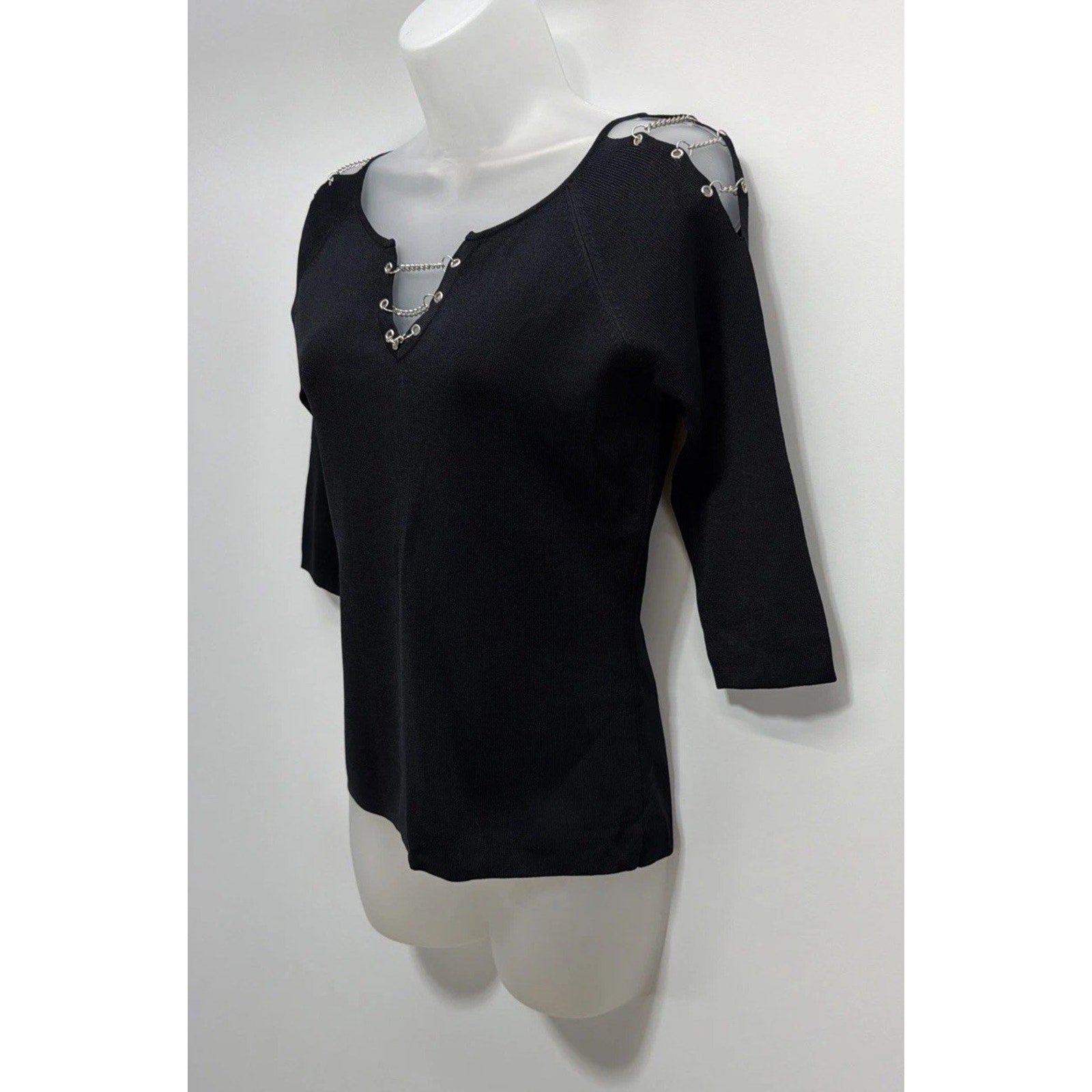 VINTAGE Top Joseph A. Qu'est Ceque C'est Black Knit Med Cold Shoulder NWT