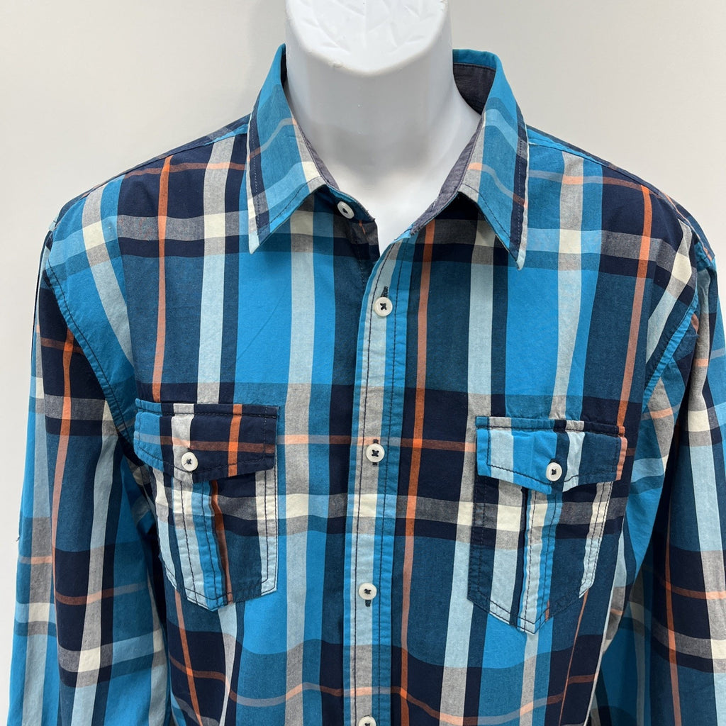 CARBON Slim Fit Mens XXL Plaid Striped Blue Long Sleeve Button Down Shirt