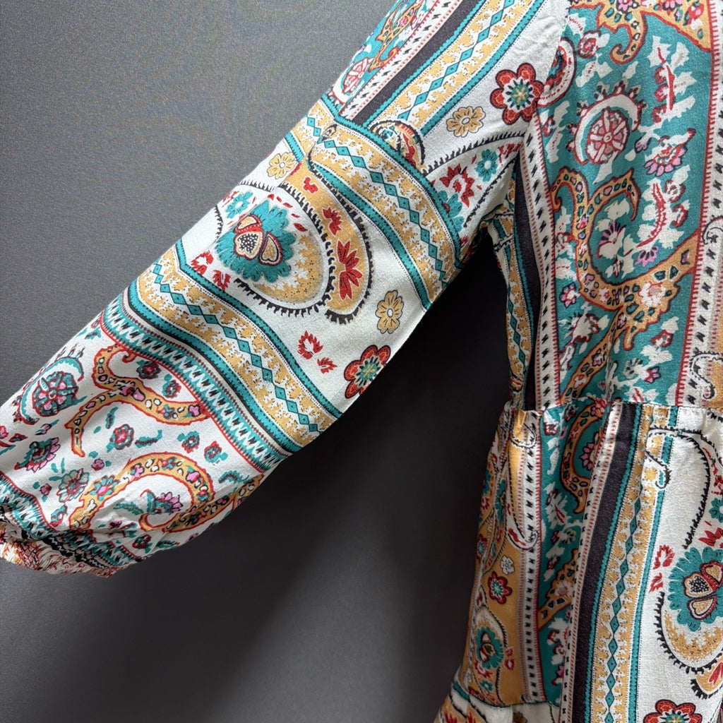 Umgee USA Multicolored Bohemian Paisley 3/4 Sleeve Tiered Tunic Top, Women’s L