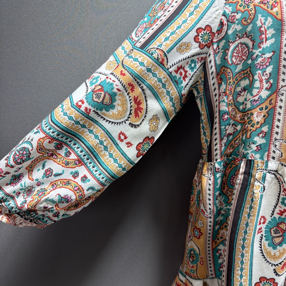 Umgee USA Multicolored Bohemian Paisley 3/4 Sleeve Tiered Tunic Top, Women’s L