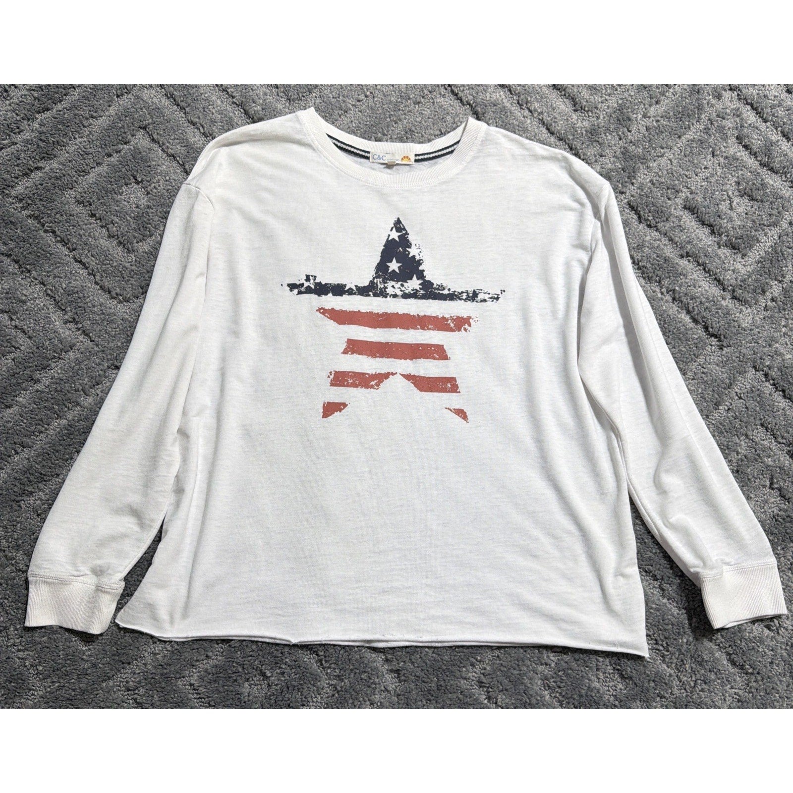 C&C California American Flag Star Long Sleeve Knit Top White Size Large