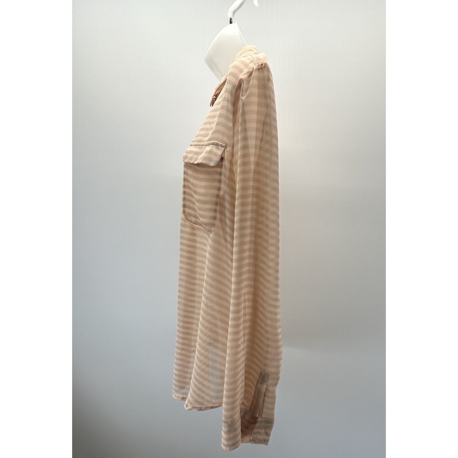 WOMEN'S OLD NAVY SHEER PEACH/GRAY STRIPE LONG SLEEVE SHIRT - SIZE LARGE.