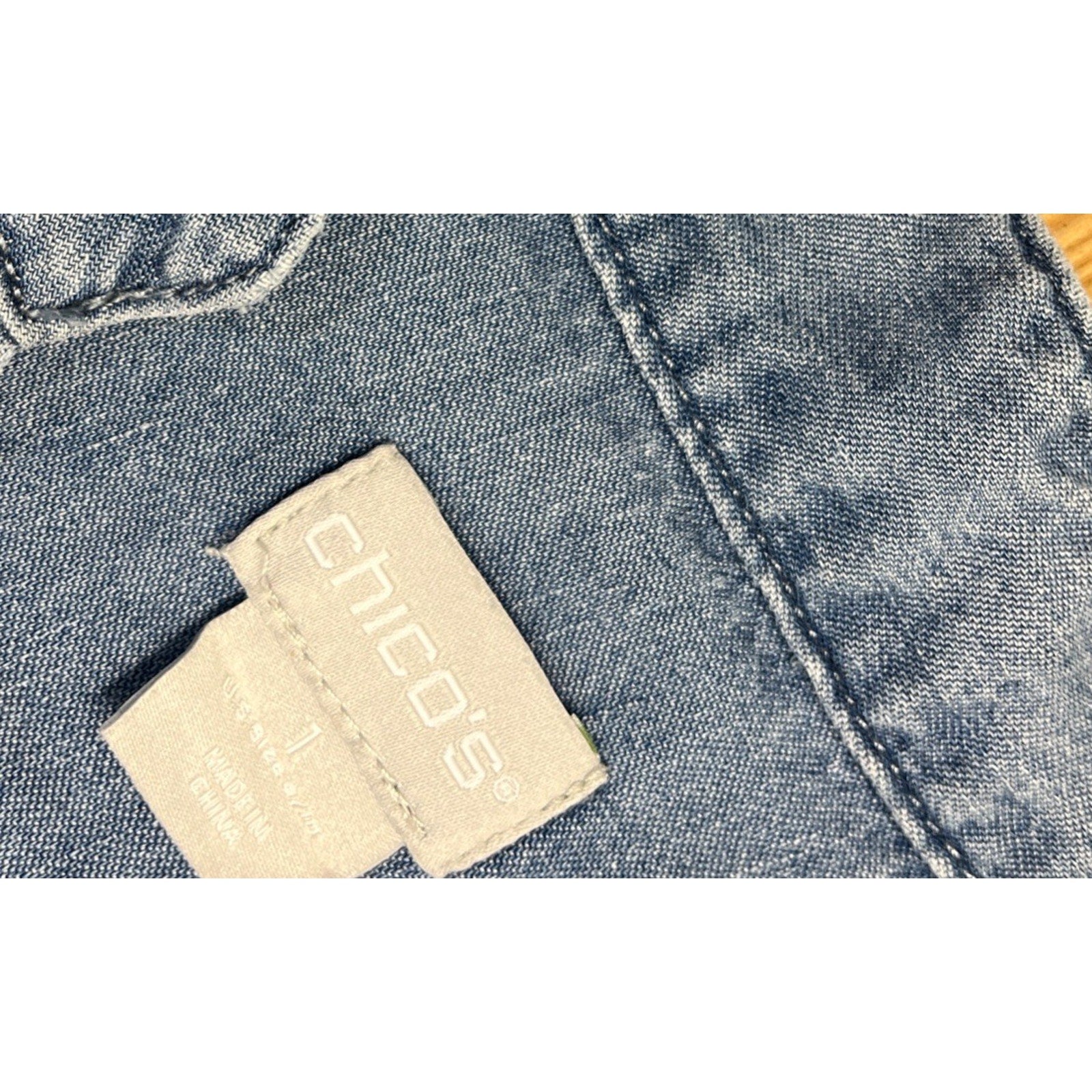 Chico’s Tunic Blouse Chambray Linen Blend 3/4 Sleeve V-Neck Boho Chic sz 1 M