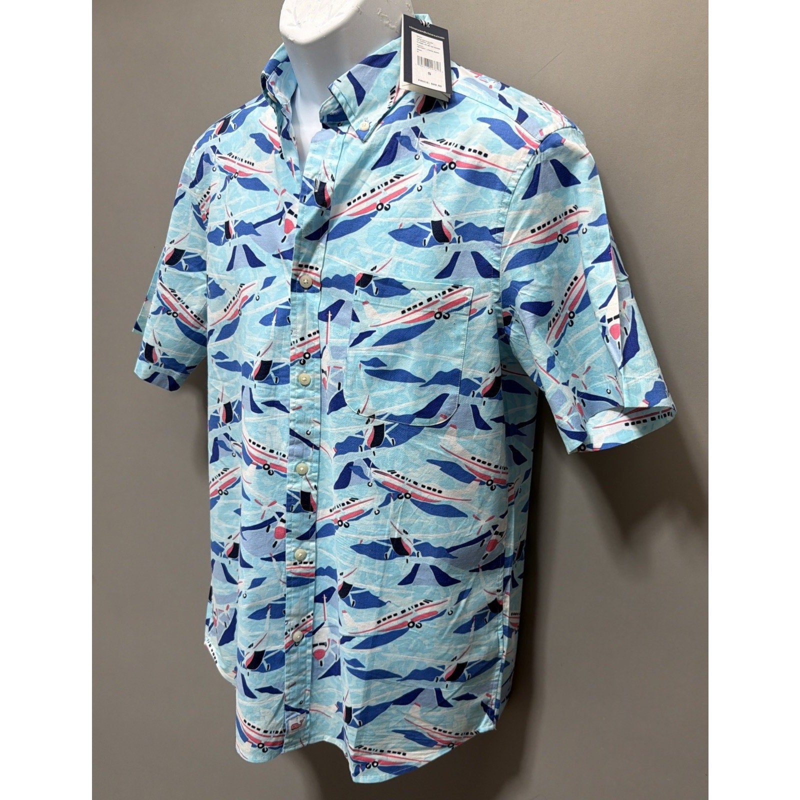Vineyard Vines Jet Set Airplane Print Button Down Shirt Men’s Small Blue NWT