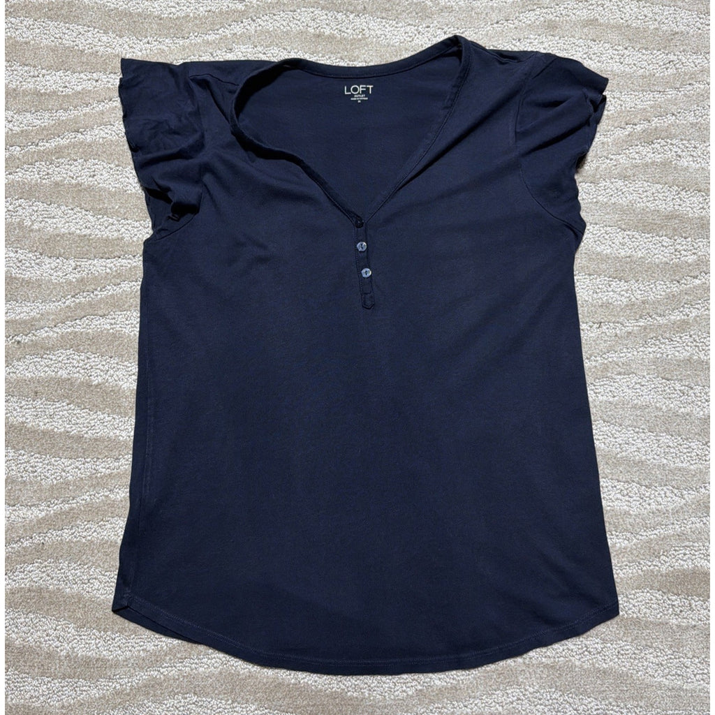 LOFT Navy Blue Flutter Sleeve V Neck 1/4 Button Blouse Size Medium