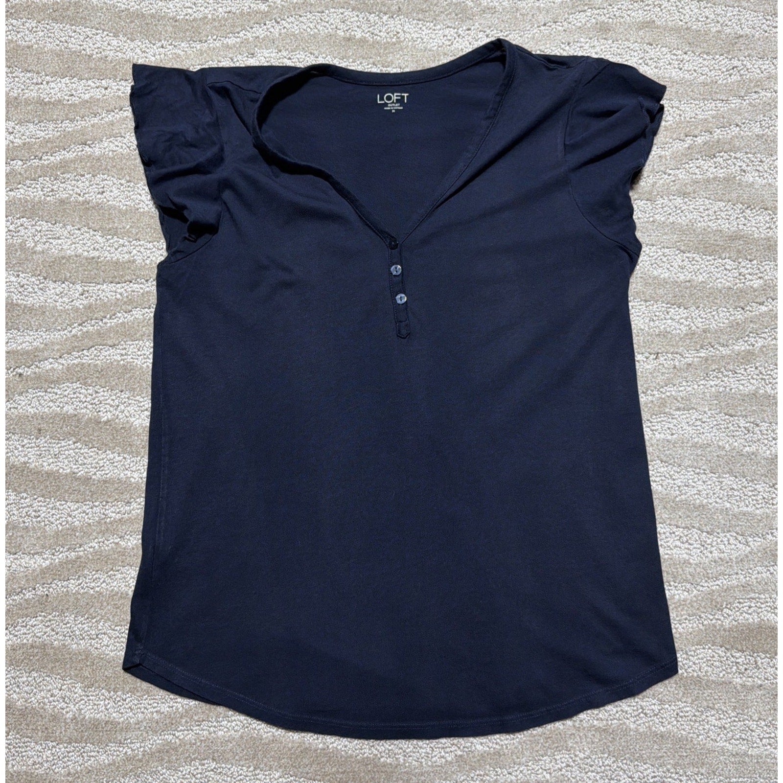 LOFT Navy Blue Flutter Sleeve V Neck 1/4 Button Blouse Size Medium