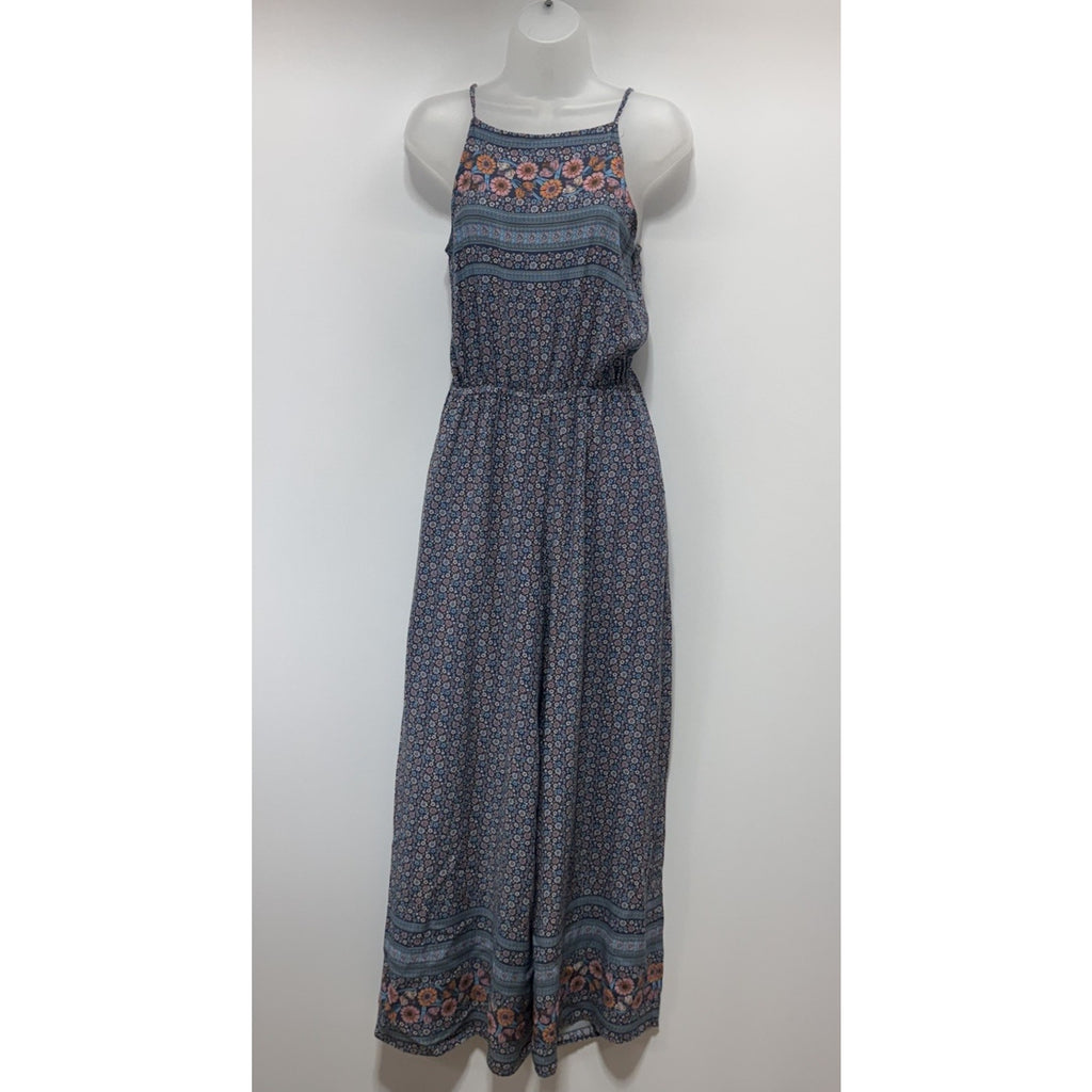 Easel Jumpsuit Womens M Green Blue Floral Wide Leg Sleeveless Boho Ruffle Hem