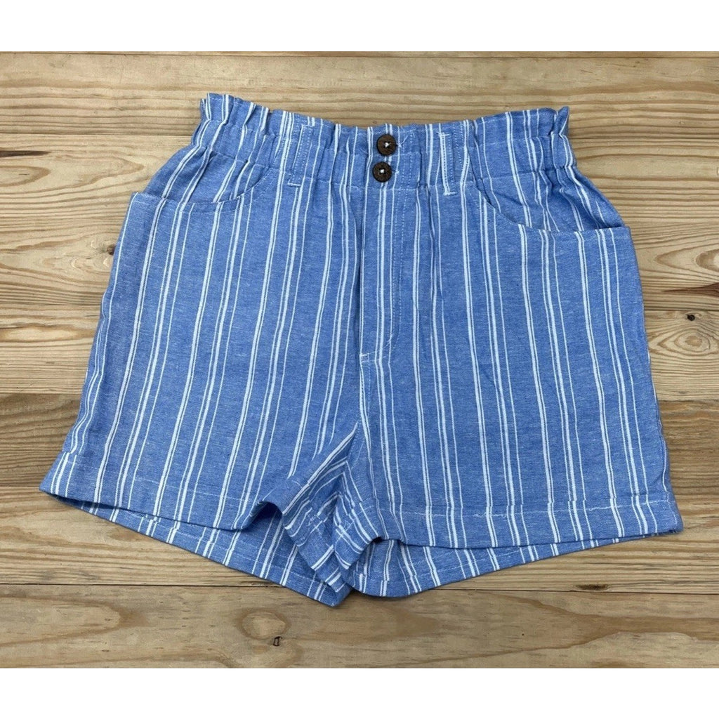 NWT SO Juniors Blue and White Stripped Linen/Rayon Shorts Elastic Waist Size M