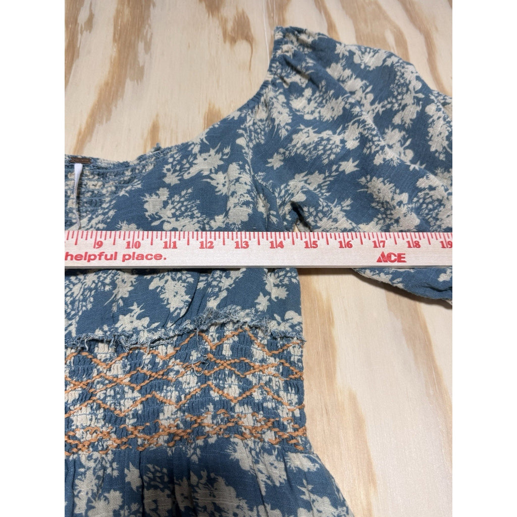 Free People Blue Cream Floral Smocked Puff Sleeve Midi Dress Women’s Medium Boho