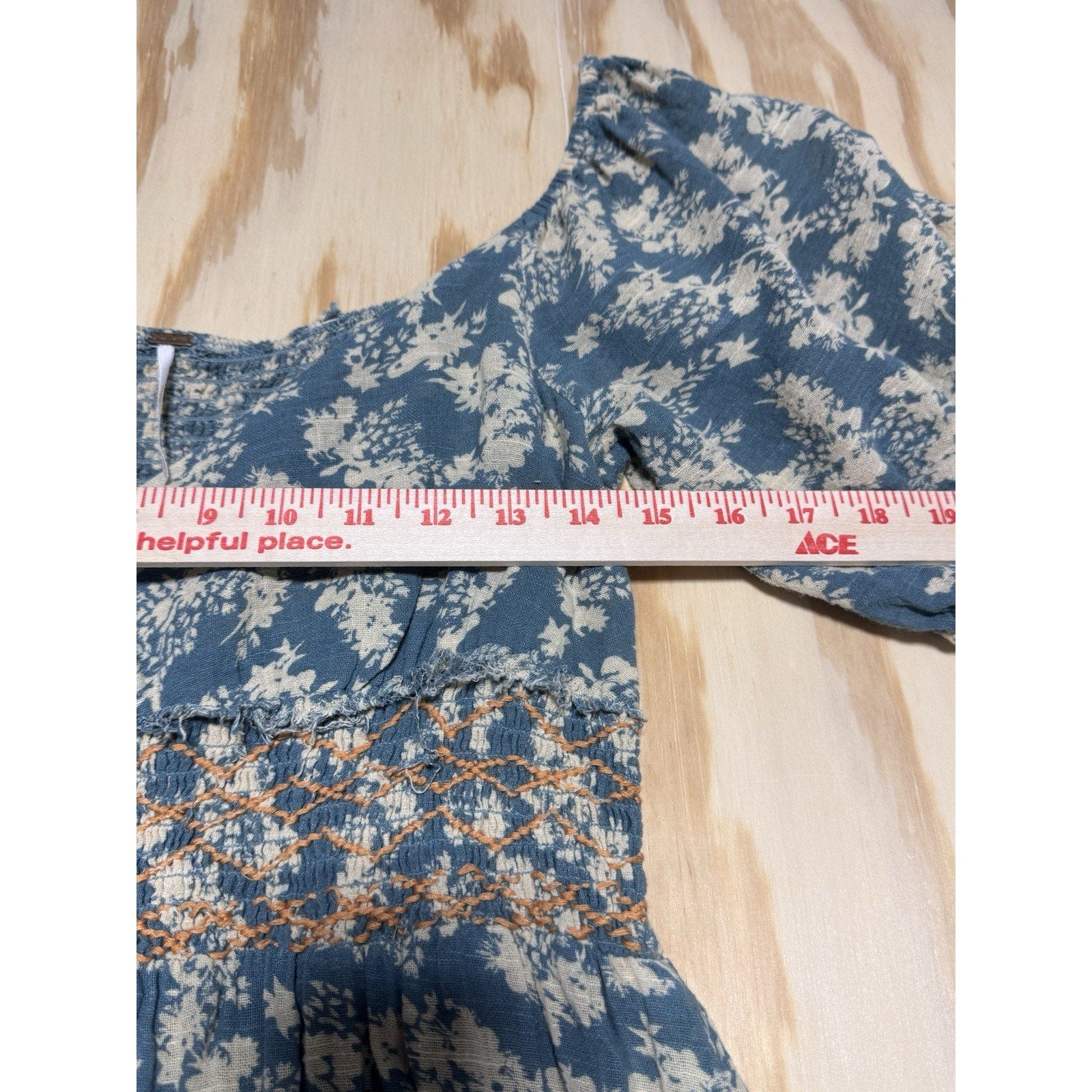 Free People Blue Cream Floral Smocked Puff Sleeve Midi Dress Women’s Medium Boho