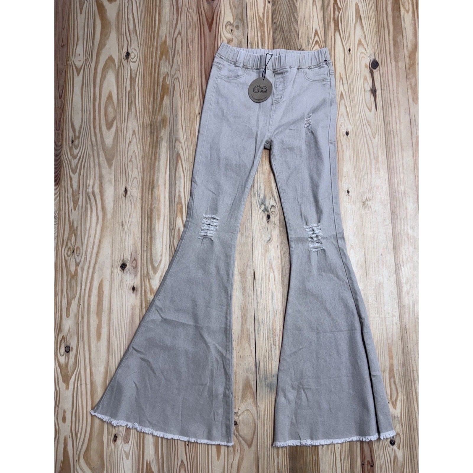Aaron & Amber Ripped Flared Jeans Women’s Small Beige High Rise Elastic Waist