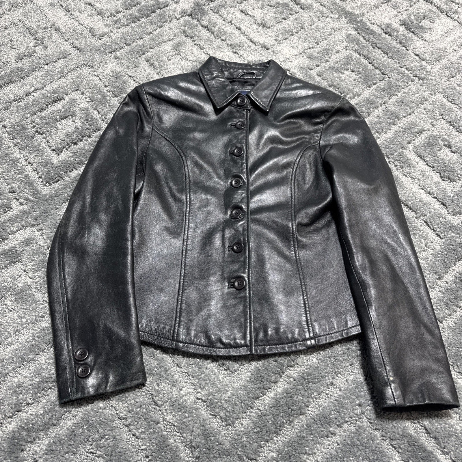 SAGUARO Black GENUINE LEATHER Jacket Women's Size M Reg Lined Coat Buttons
