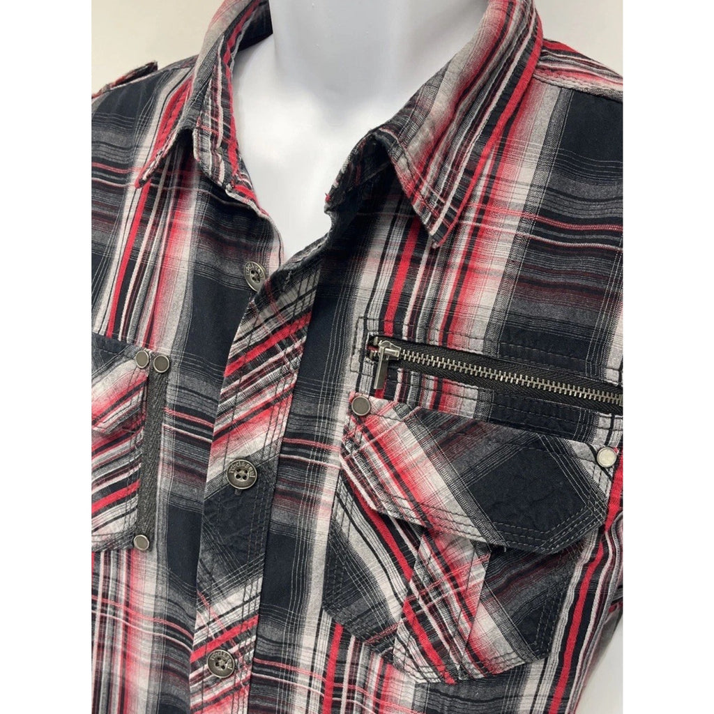 Rebel Soul Western Red Plaid Shirt Large Black Button Up Short Sleeve Mens