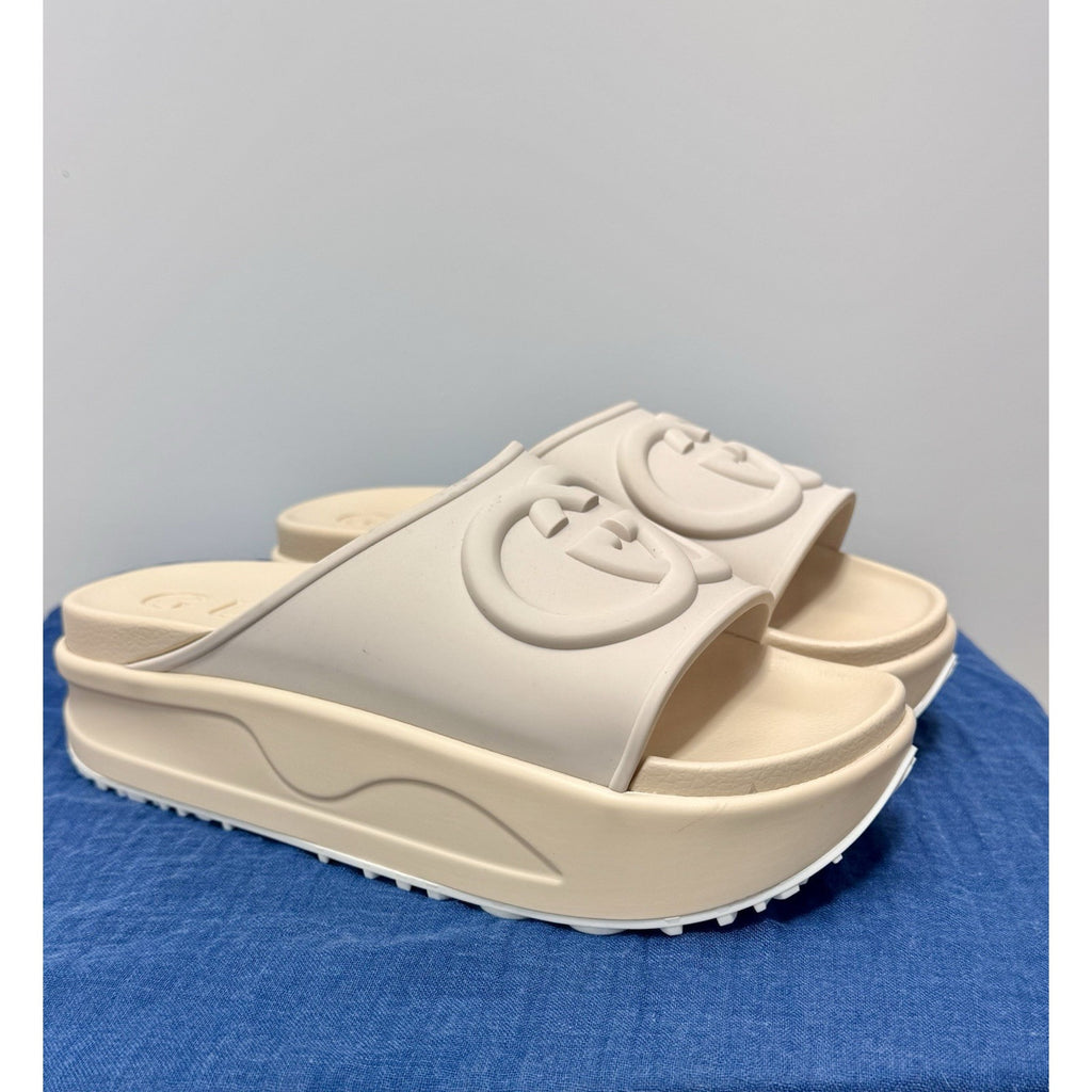 Gucci Miami Platform Slides Interlocking G Rubber Beige Size (38) 7 Women’s