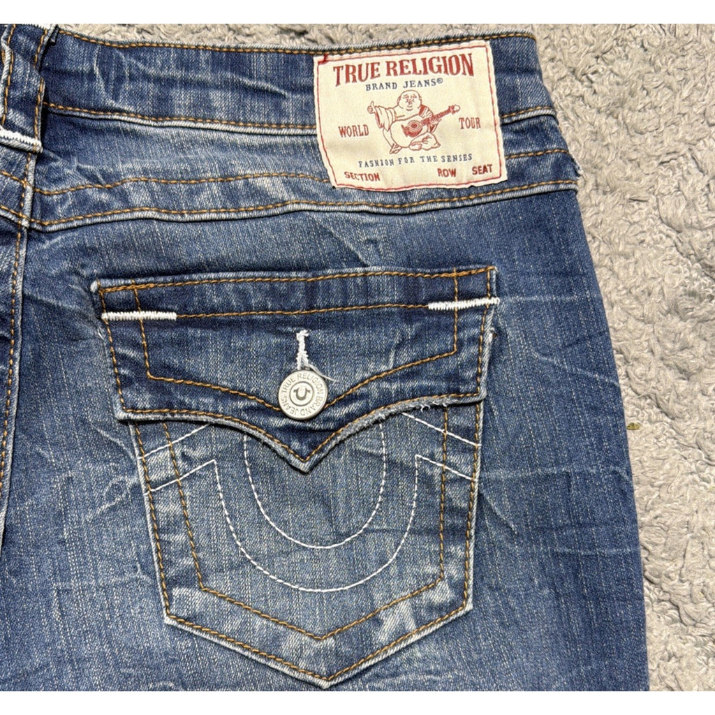 True Religion Jennie Curvy Mid Rise Super Skinny Flap Blue Jeans Crinkle Size 29