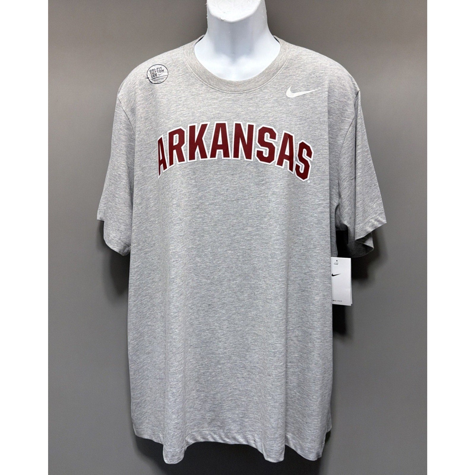 New Arkansas Razorbacks Nike Dri Fit Arch Cotton T Shirt Grey Size 2XL NWT NCAA