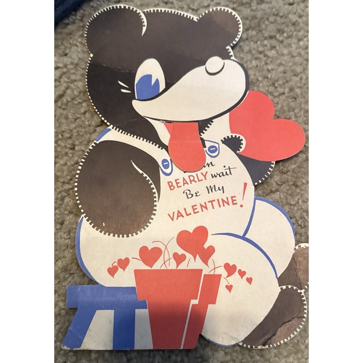 Vintage 1940s Mechanical Valentine Card Bear Movable Tongue Die Cut Heart