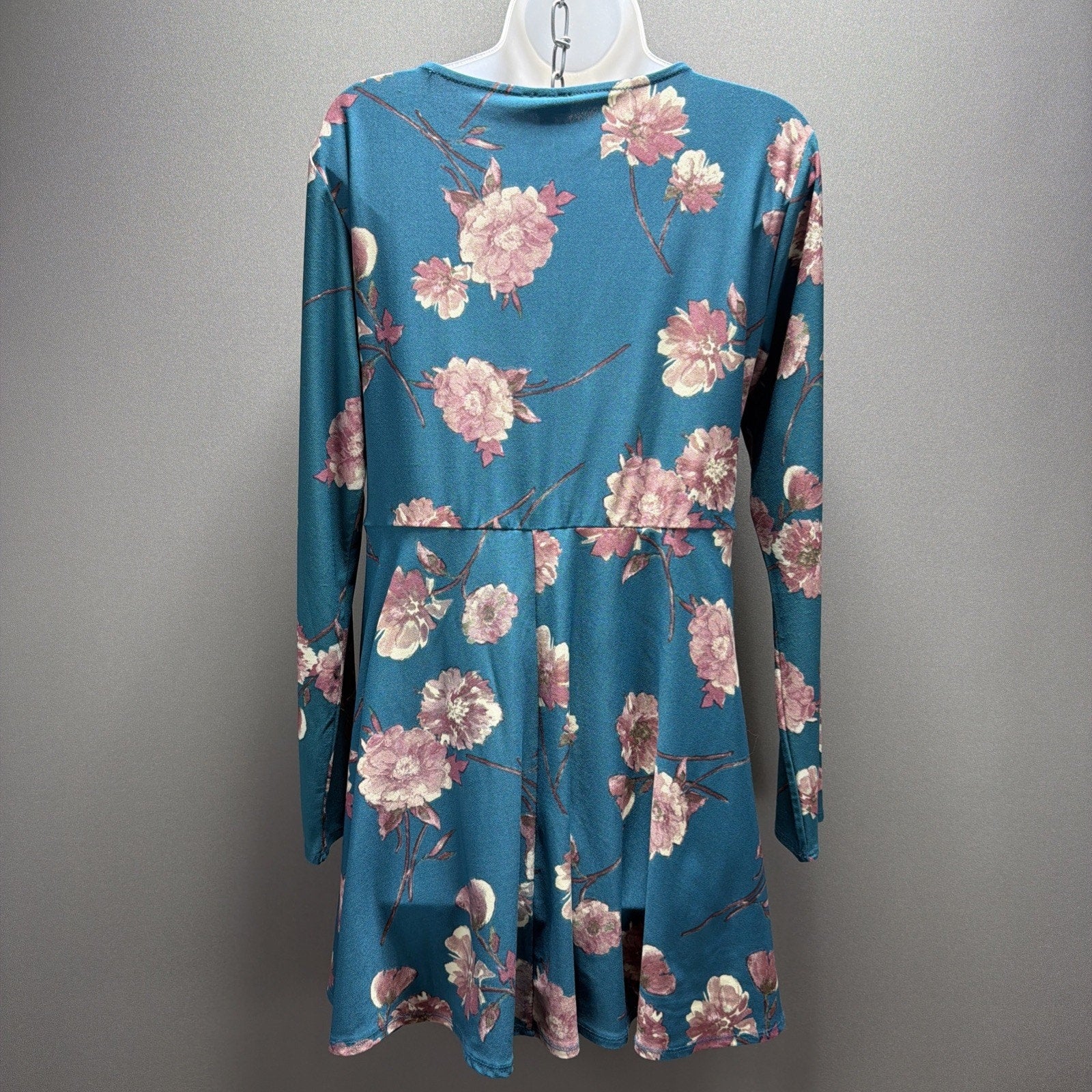 Lily Rose Twist Front Swing Dress Teal Mauve Flowers Floral Midi Dress XL Stretc