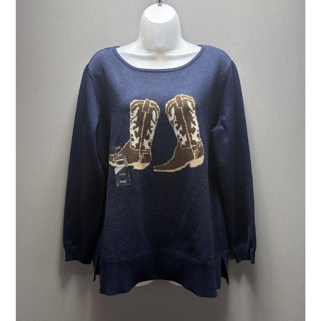 Astrologie Cowgirl Boots Sweater Womens L Navy Blue Western Intarsia Soft Knit