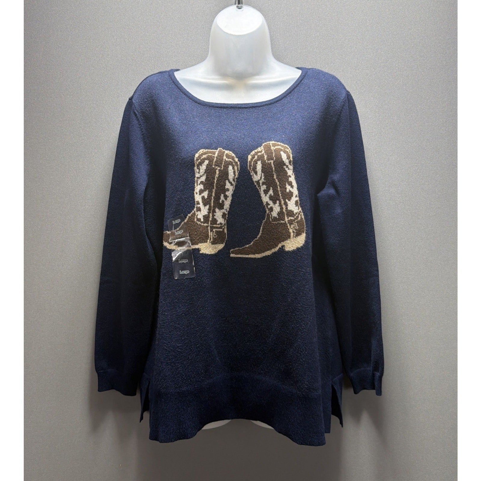 Astrologie Cowgirl Boots Sweater Womens L Navy Blue Western Intarsia Soft Knit
