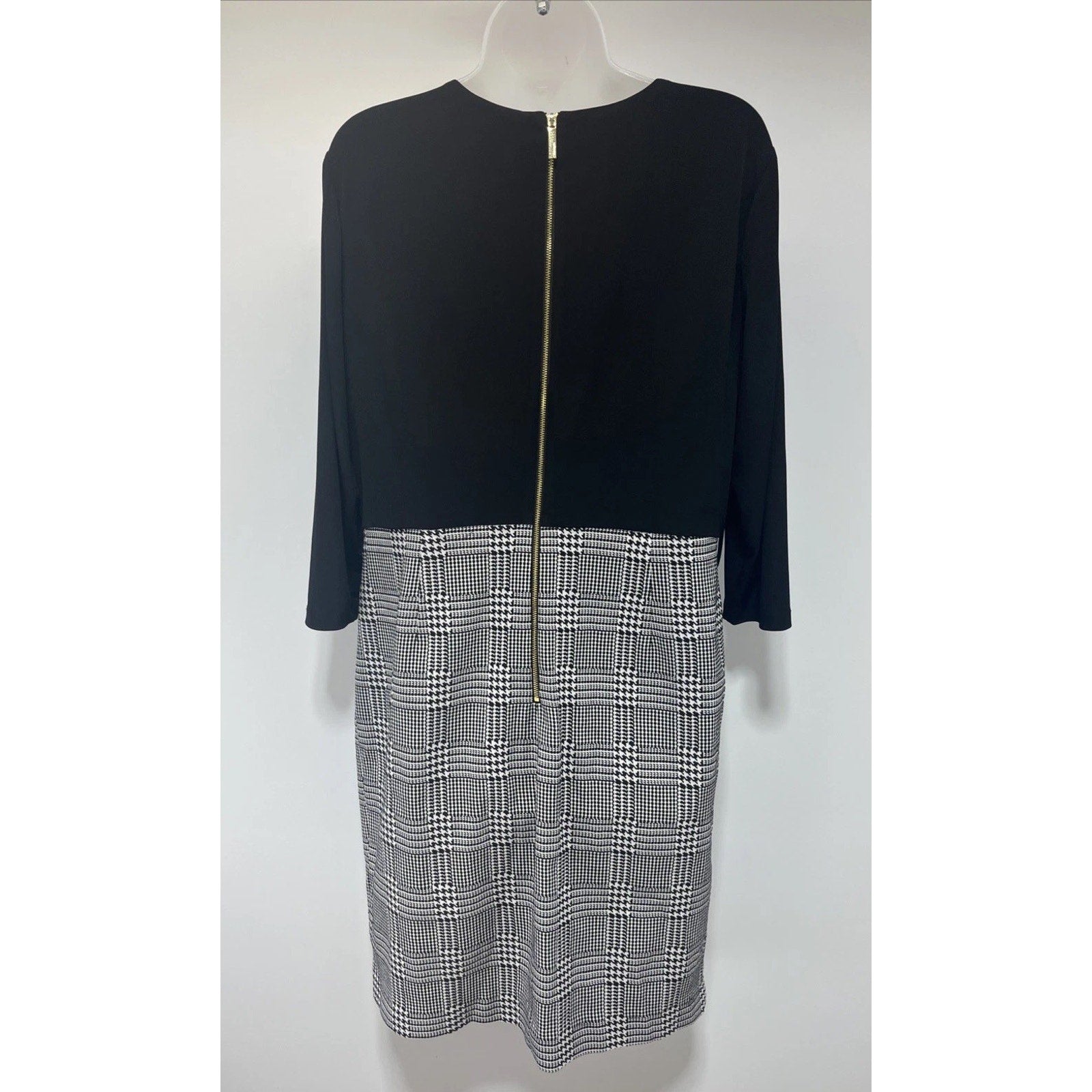 Calvin Klein Size 16 Sheath Dress Black Gray Ruffled Skirt 3/4 Sleeve Women’s