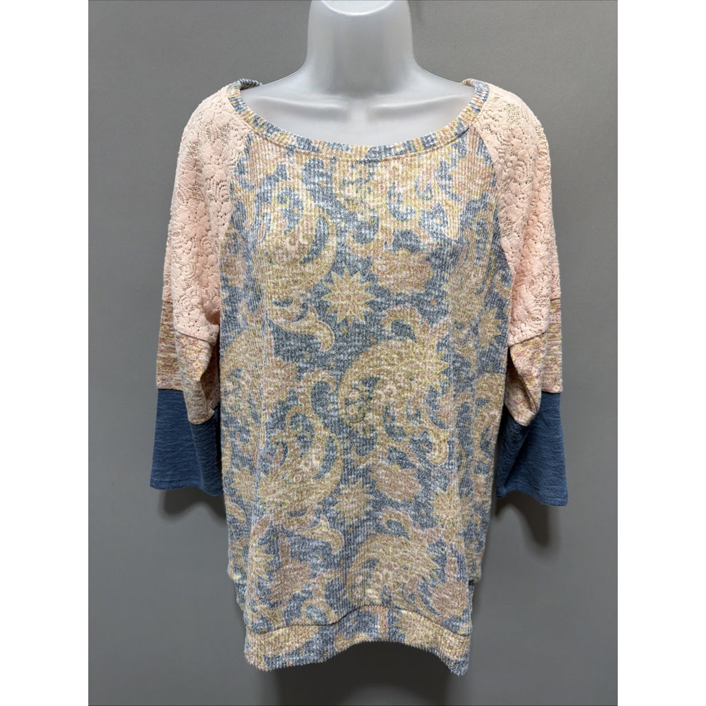 New Cato Women’s 3/4 Sleeve Lace Detail Paisley Style Blouse - L
