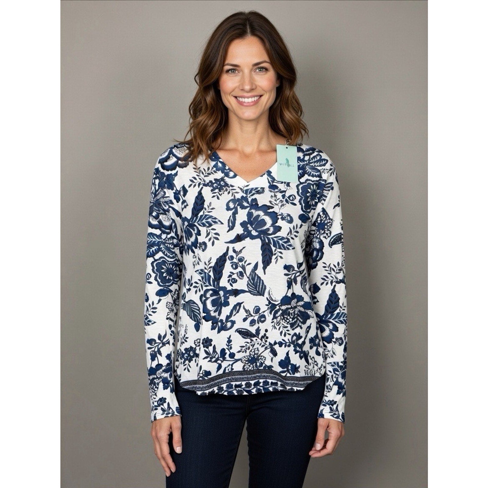 New WIHOLL Women's Blouse Top Long Sleeve V-Neck Floral Print Stretch Size M