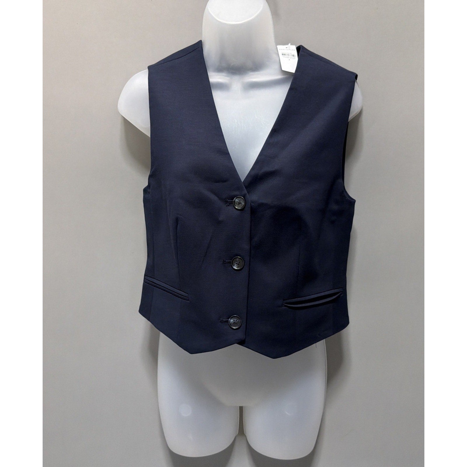 New Ann Taylor Loft Womens 4 Crop Vest Lined V Neck Pockets Stretch Navy Blue
