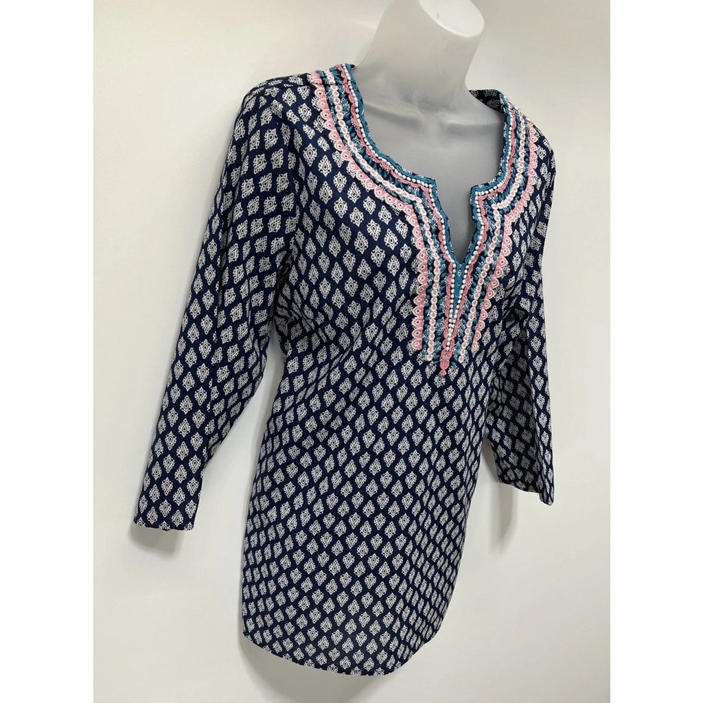 Talbots Top Womens M Blue Embroidered 3/4 Sleeves Relaxed Fit Cotton Boho Shirt