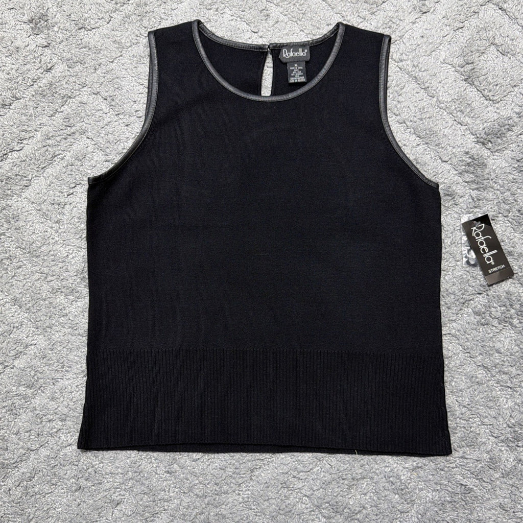 Rafaella XL Silk Sleeveless Black Knit Top Genuine Leather Trim NWT
