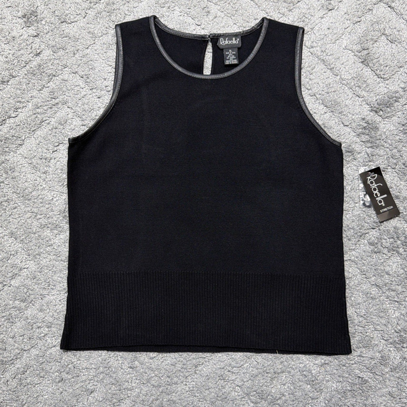 Rafaella XL Silk Sleeveless Black Knit Top Genuine Leather Trim NWT