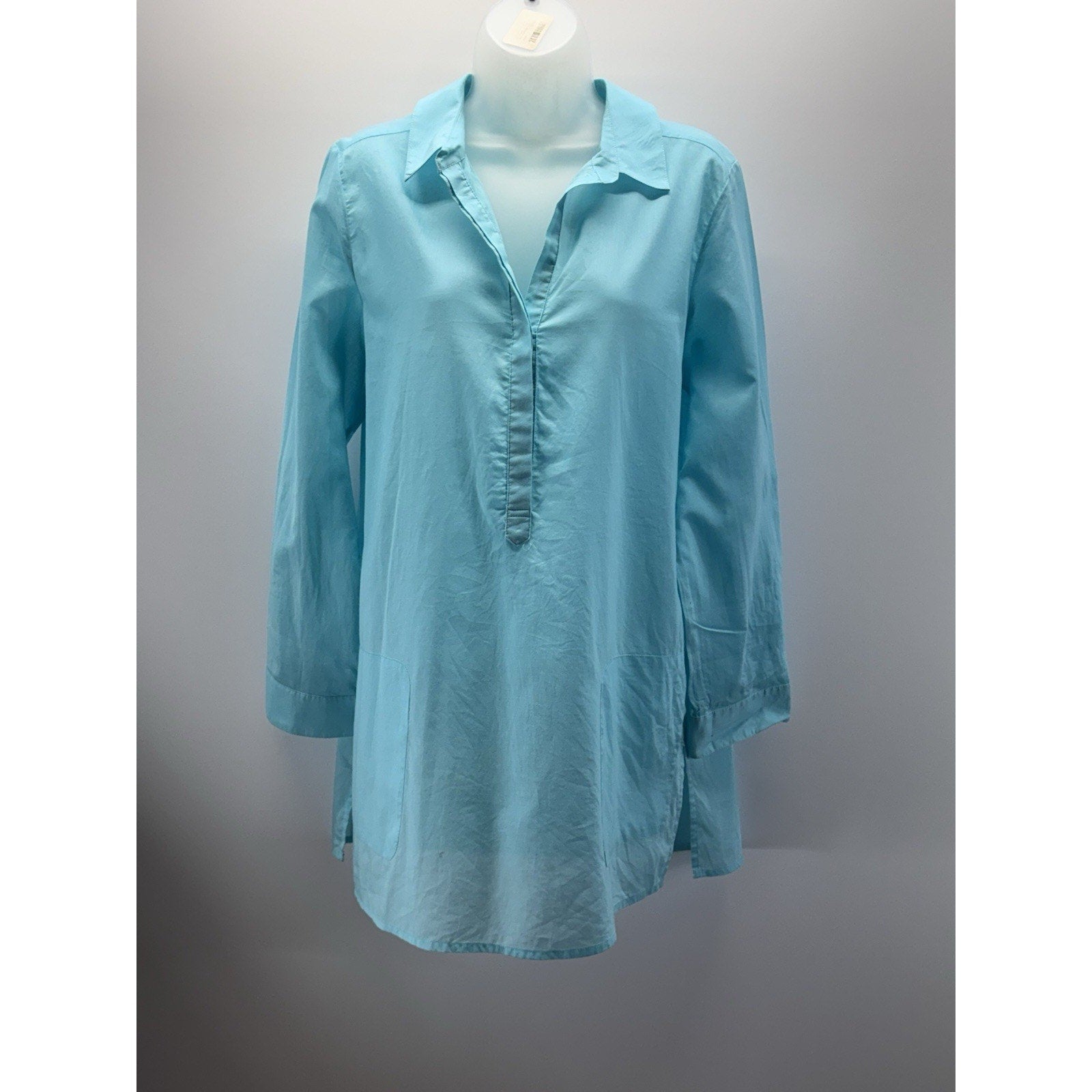 CHICOS Lightweight Sheer Tunic 1/2 Button Front Pockets Blue Women’s Size 1/Med
