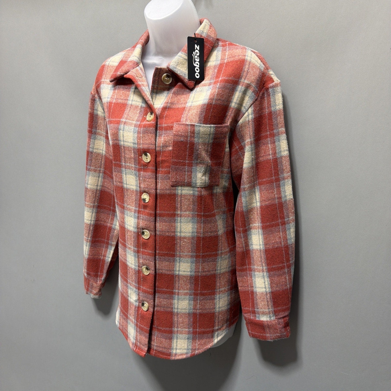 Zeagoo Oversized Plaid Flannel Shacket Button Down Long Sleeve Coat Small NWT