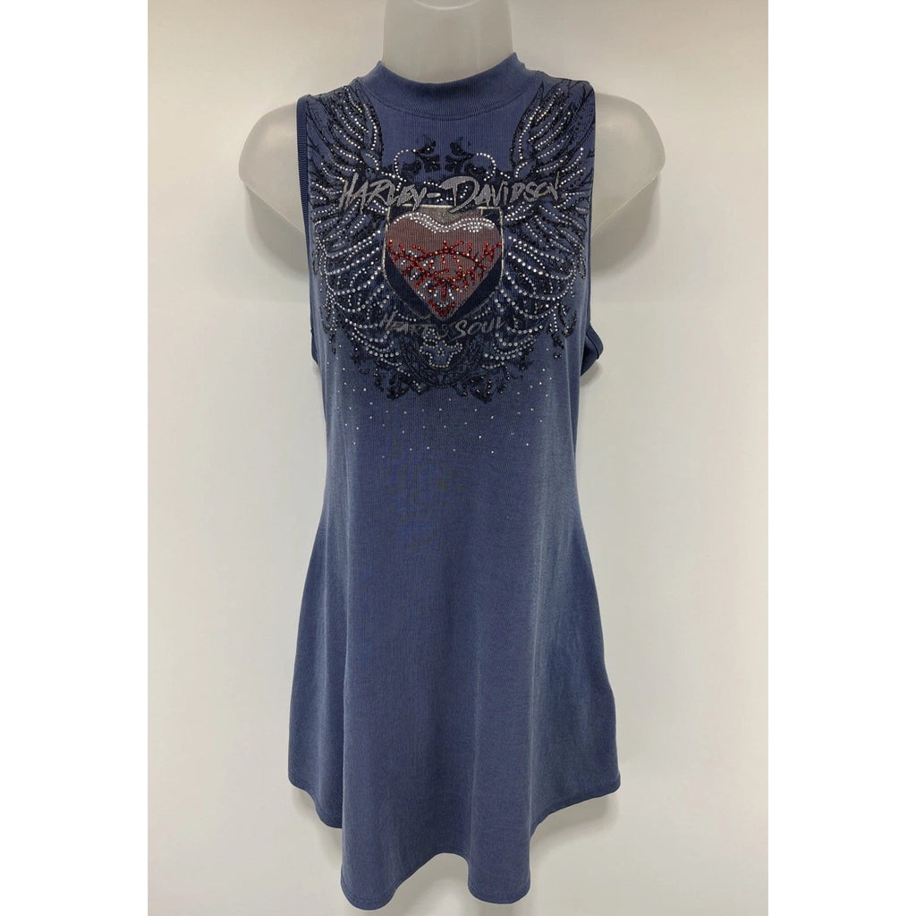 Harley Davidson Tunic Blue Embellished Rhinestones Heart And Soul Graphic Size M