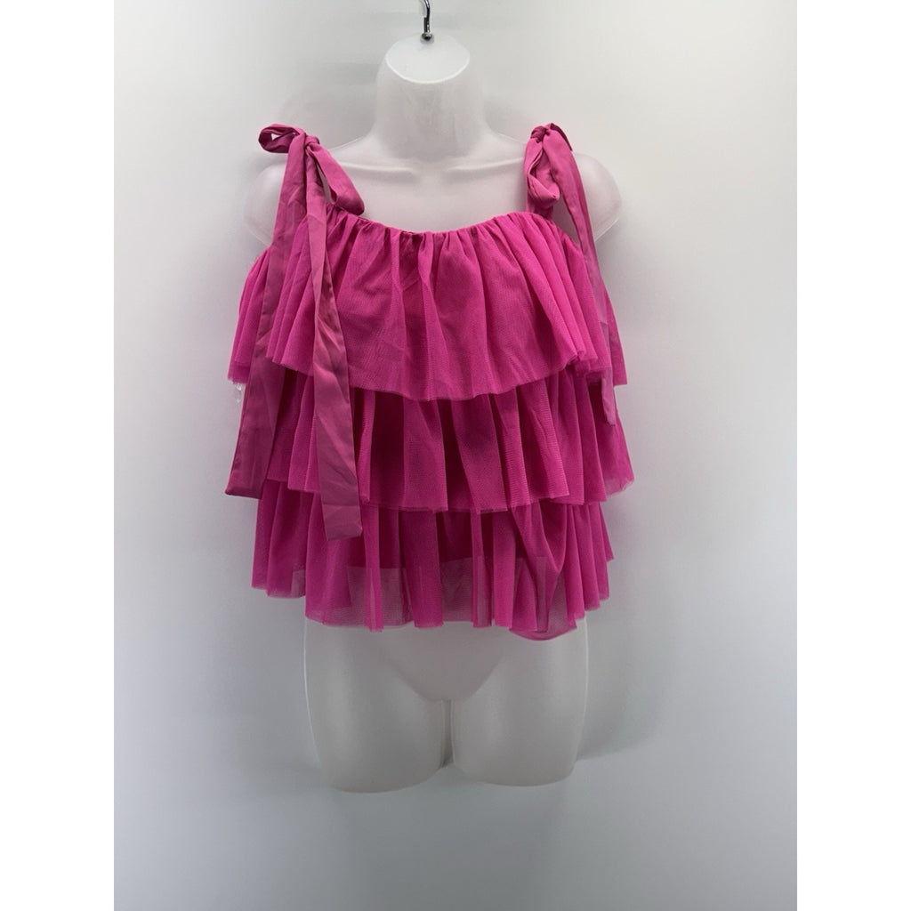 Entro Hot Pink Tiered Ruffle Tank Top Tulle Ribbon Straps Women’s Size Medium