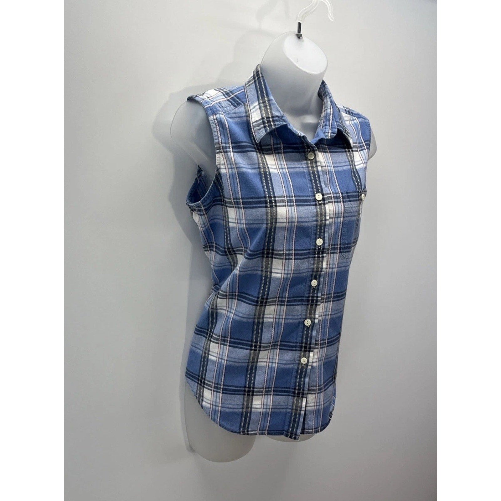 Cabin Creek Womens Blue Plaid Sleeveless Collared Button-Up Shirt Size Petite L