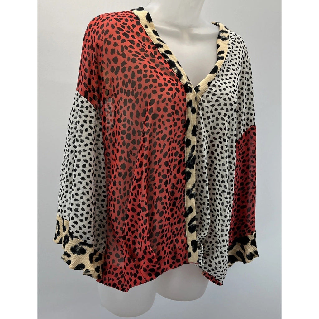 Umgee Oversized Mixed Animal Print Ruffle Split Sleeve Wrap Sheer Surplice Top S