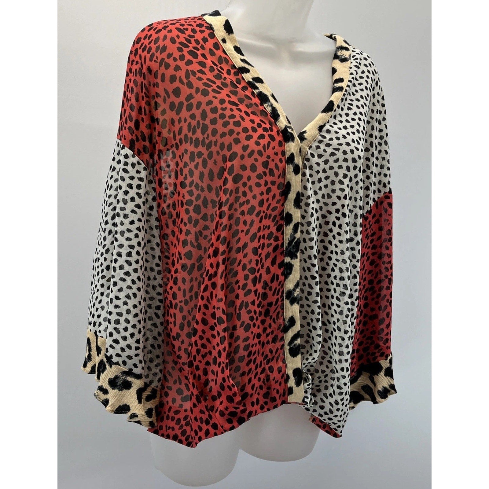 Umgee Oversized Mixed Animal Print Ruffle Split Sleeve Wrap Sheer Surplice Top S