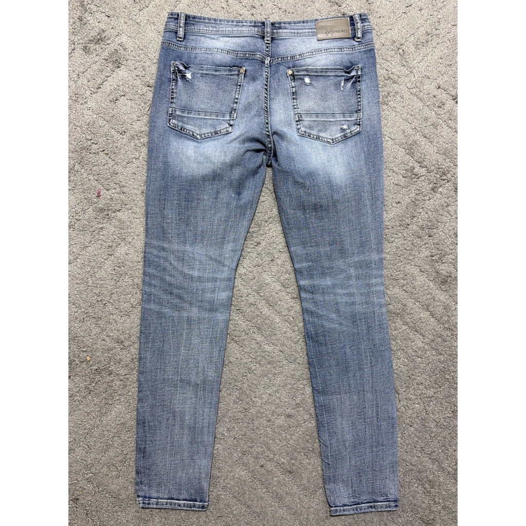 Buckles DEPART WEST Trouper Skinny Stretch Distressed Blue Denim Jeans Mens 36R
