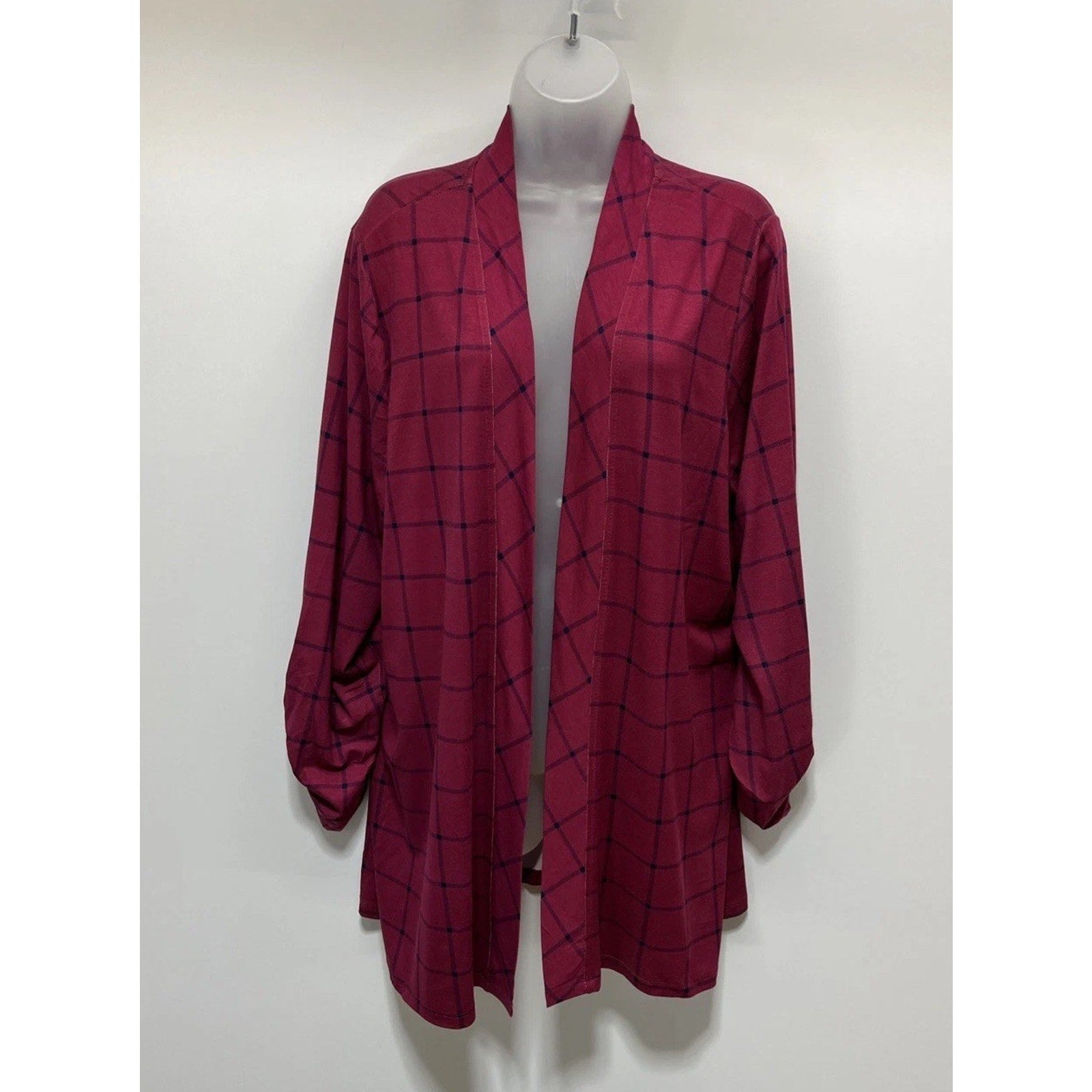 Kim Rogers Women Fuschia Check Roll Tab Sleeve Cardigan Size 1X