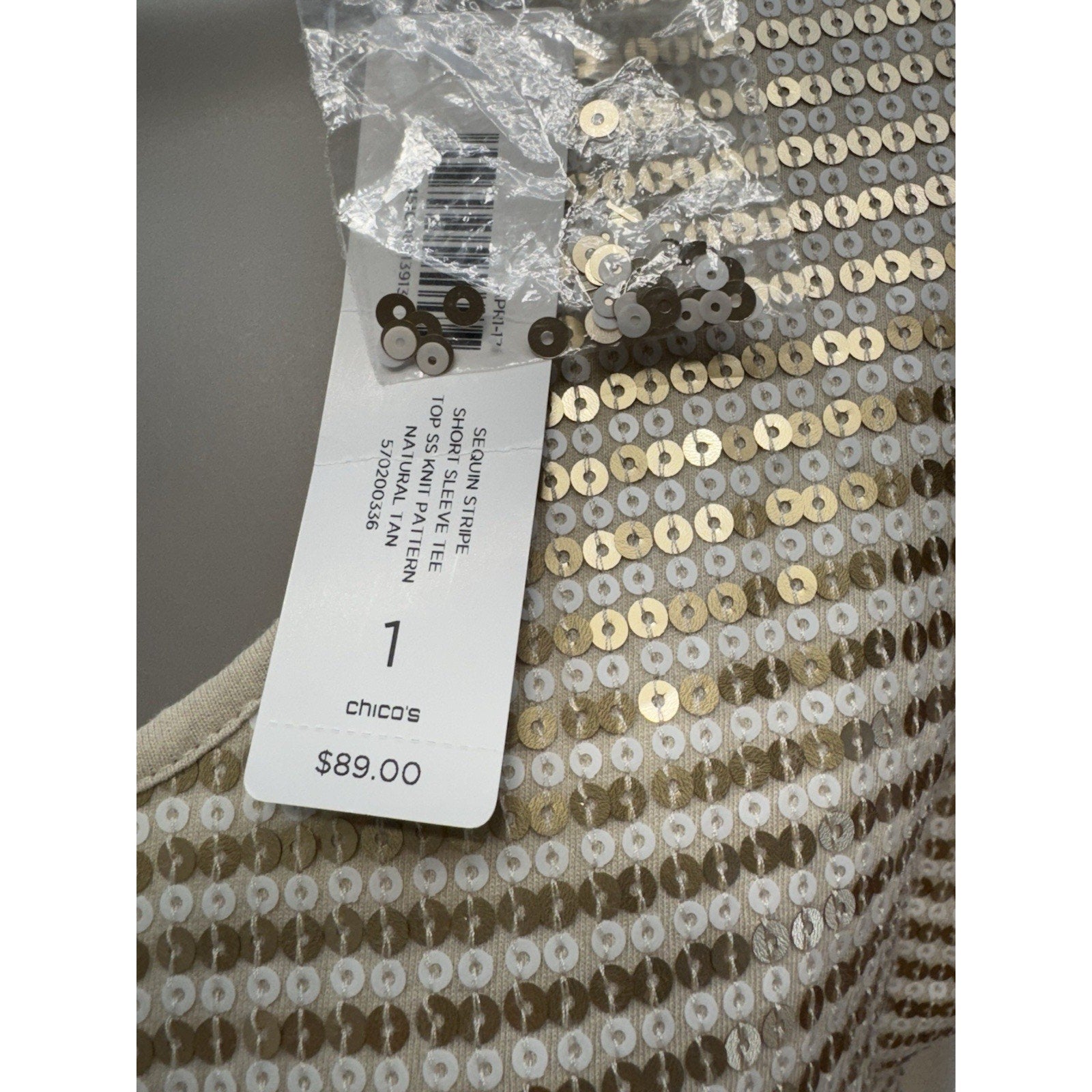Chico's Top Beige Sequined Cap Sleeve Stretch Knit Top Pullover Women’s 1/M