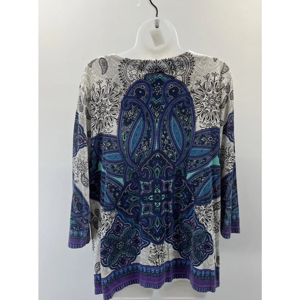 CHICO'S GRAND STATEMENT EMBELLISHED 3/4 SLEEVE TUNIC TOP MULTI COLOR Size 3