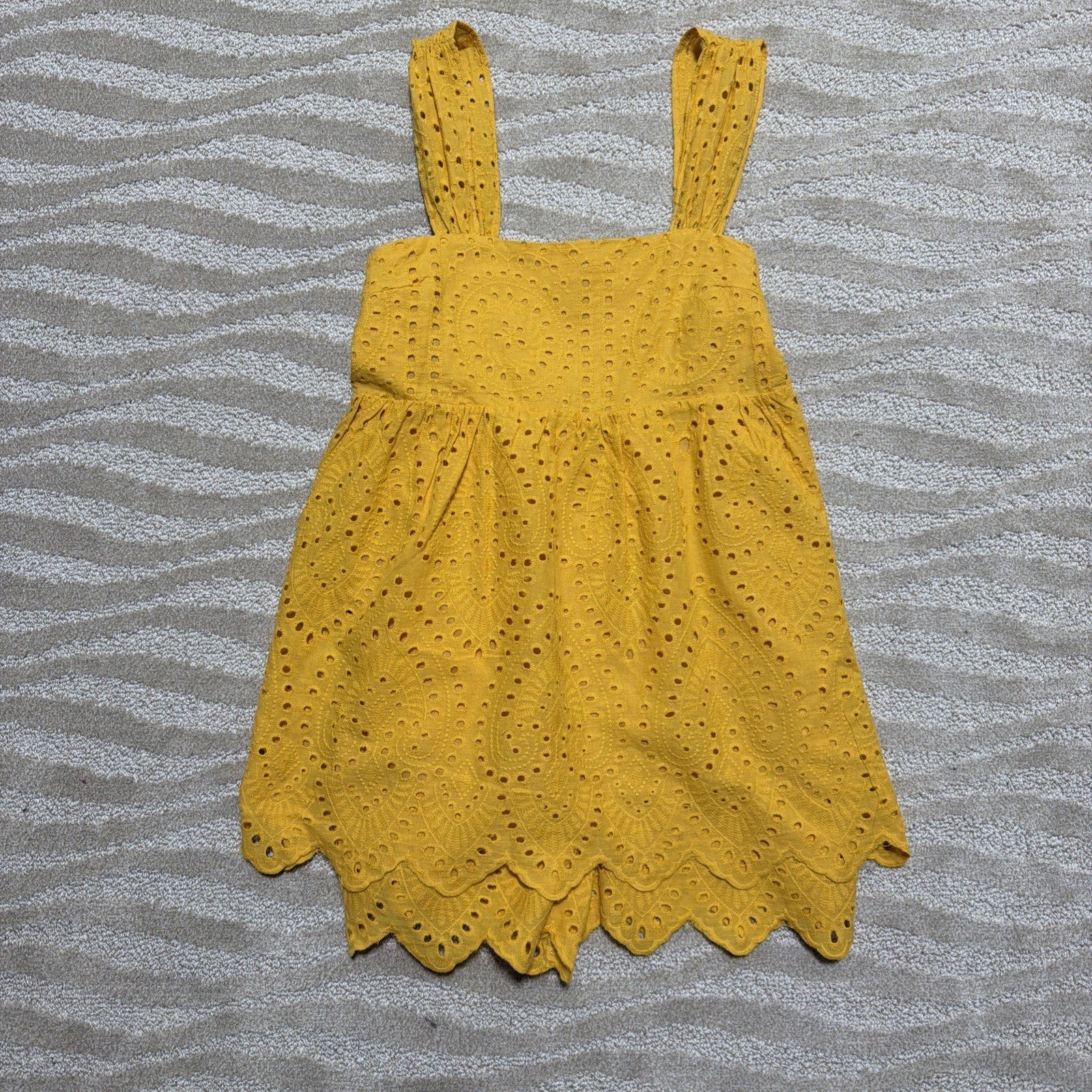 Mustard Yellow Eyelet Top Dress Women Small Boho Cottagecore Babydoll Cotton