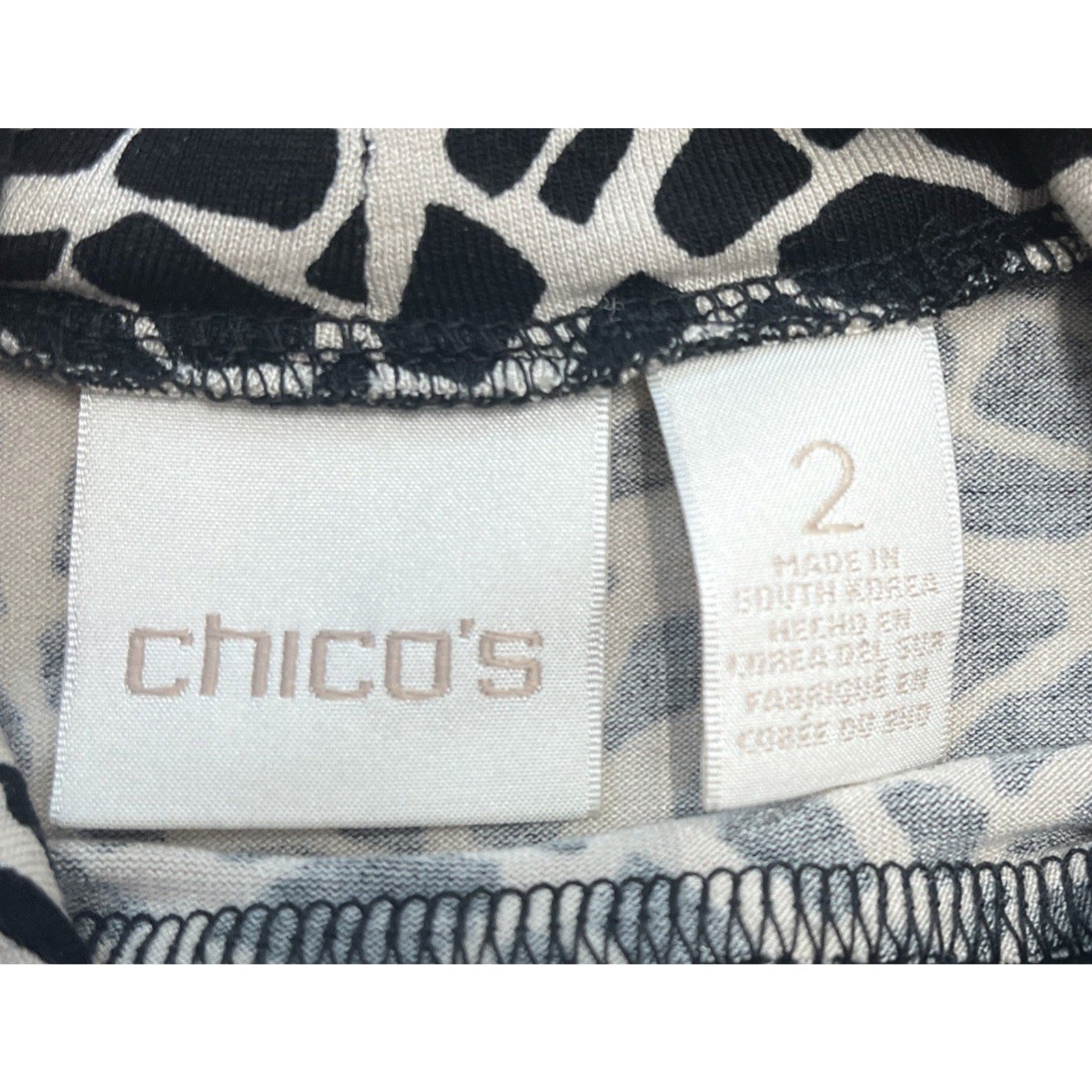 Chico's Black & Beige Animal Print Mock Neck Stretch Blouse, Size 2