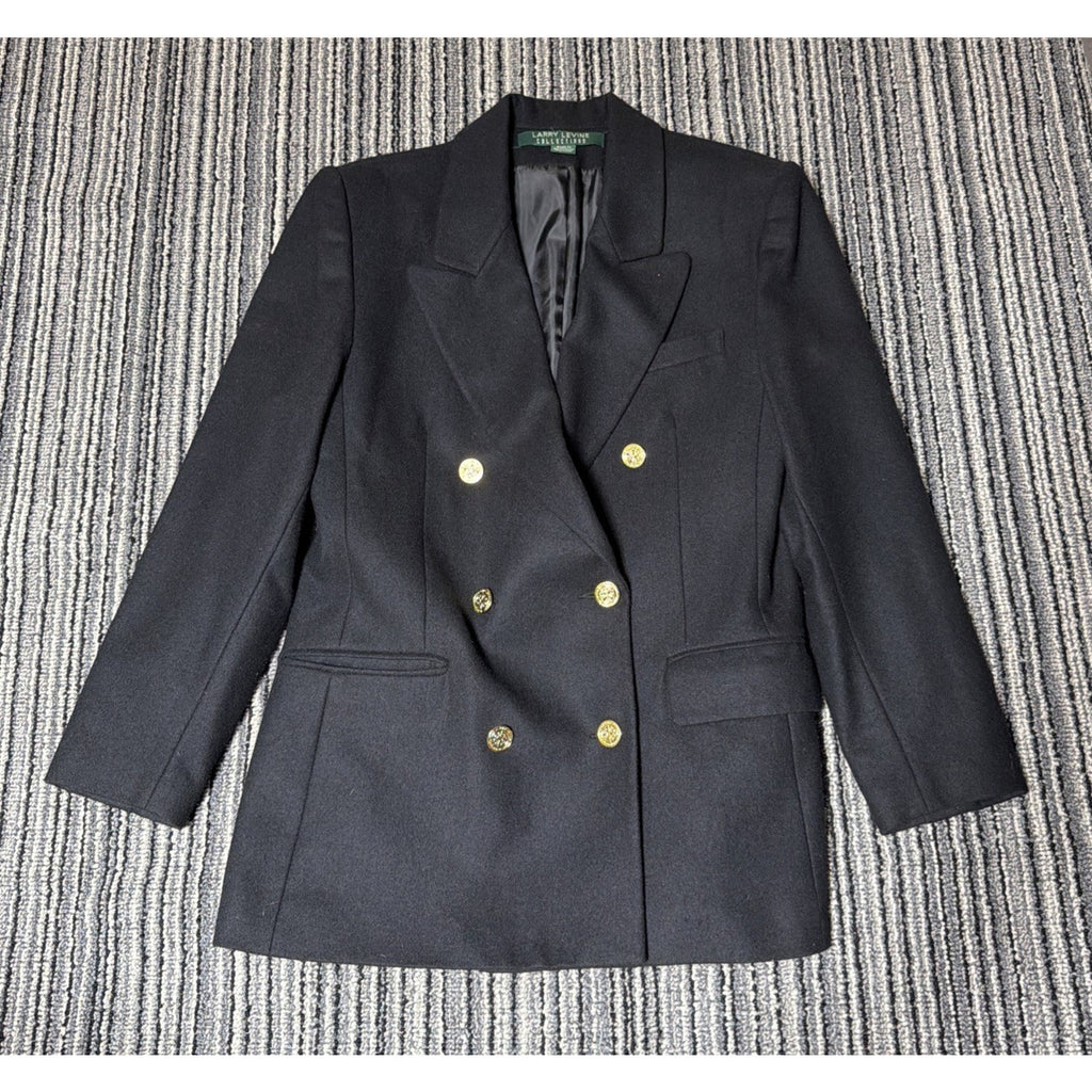 Larry Levine Black Double Breasted Blazer Wool Blend Jacket Sz 10 Vintage Crest