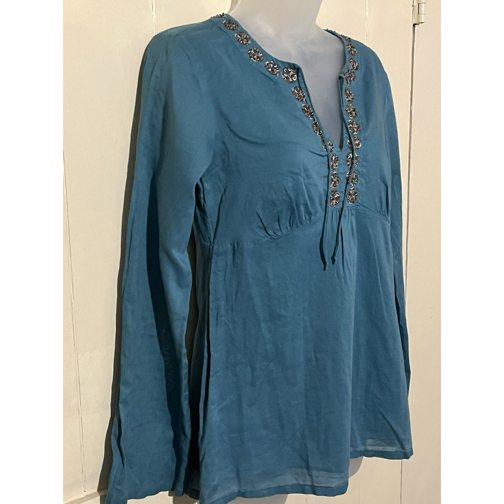 Ann Taylor LOFT Shirt Womens 4 Green Blouse Long Sleeve Embroidered Round Neck