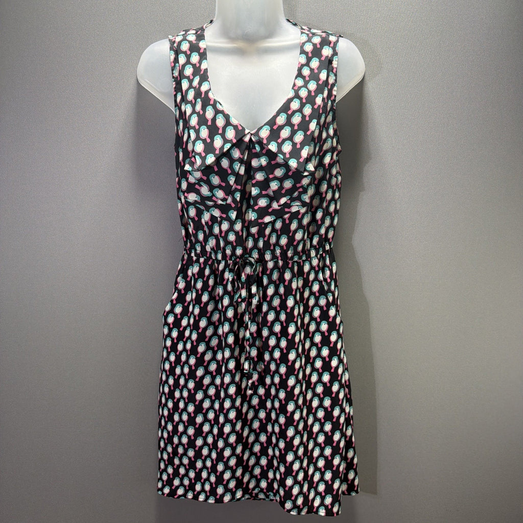 BeBop Dress Womens M Black Bird Print Ruffle V Neck Hi Low Drawstring Waist