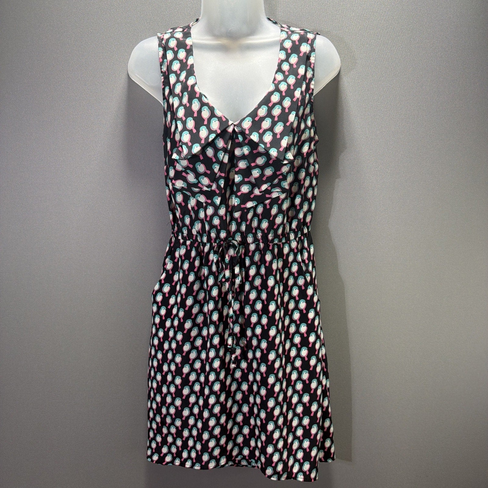 BeBop Dress Womens M Black Bird Print Ruffle V Neck Hi Low Drawstring Waist