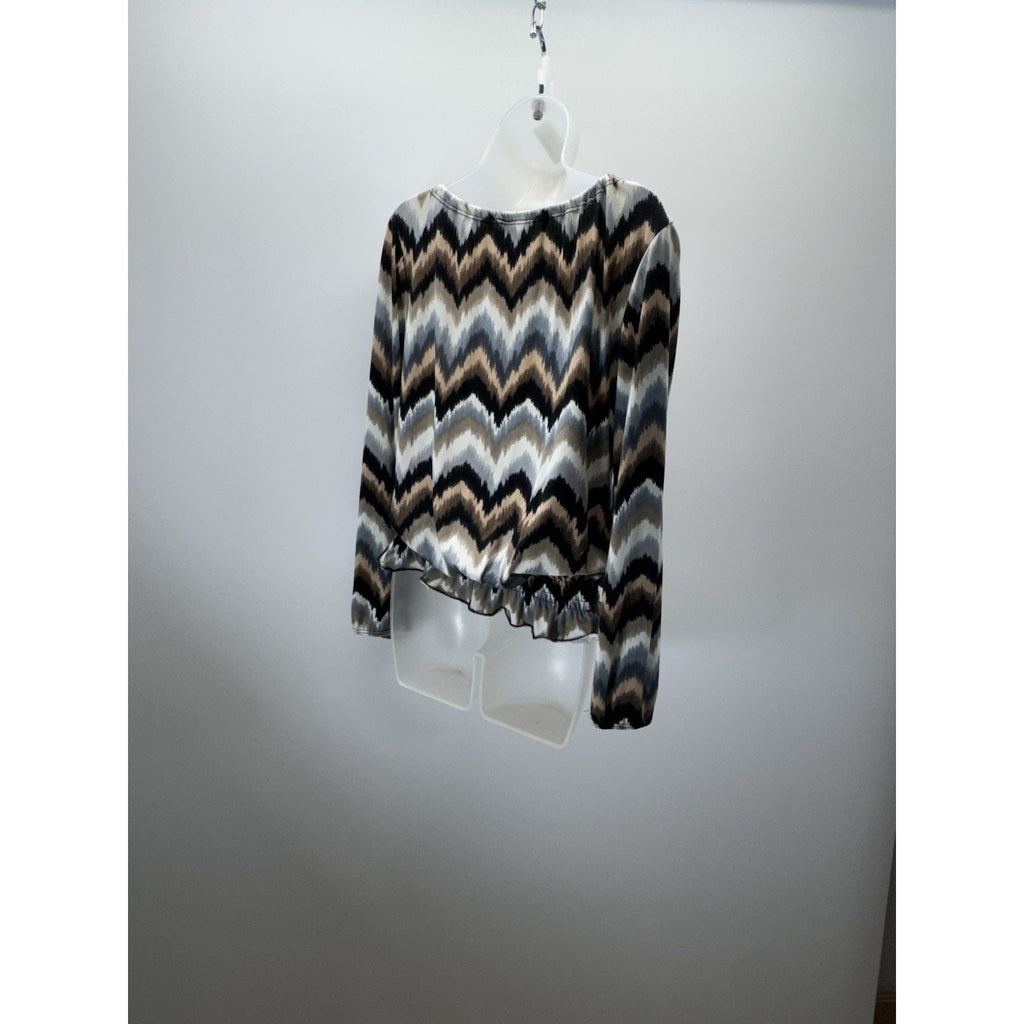 Carol Rose Blue Brown Chevron Keyhole Flounce 3/4 Sleeve Women’s Size M