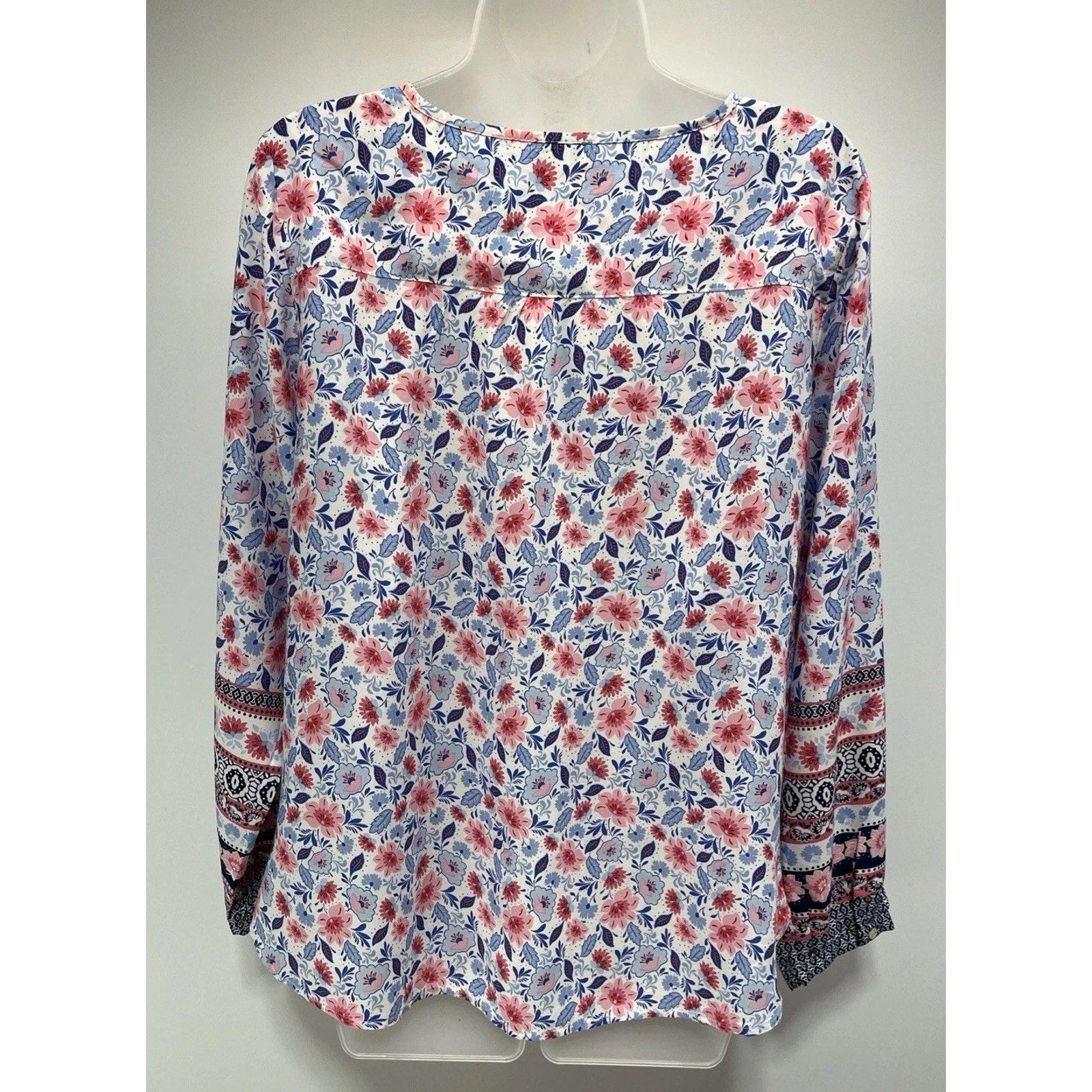 TALBOTS Top Size M Blue Pink Floral Boho Rayon Popover Long Sleeve Womens Light